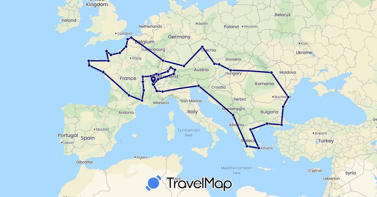 TravelMap itinerary: driving in Albania, Austria, Bulgaria, Switzerland, Czech Republic, Germany, France, Greece, Hungary, Italy, Liechtenstein, Romania, Slovakia, Turkey (Asia, Europe)